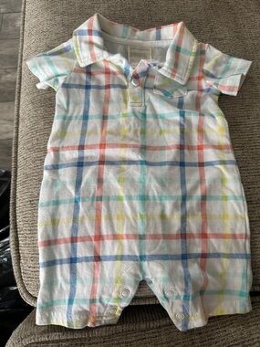 First Impressions White Baby Polo Romper with Pastel Stripe Plaid